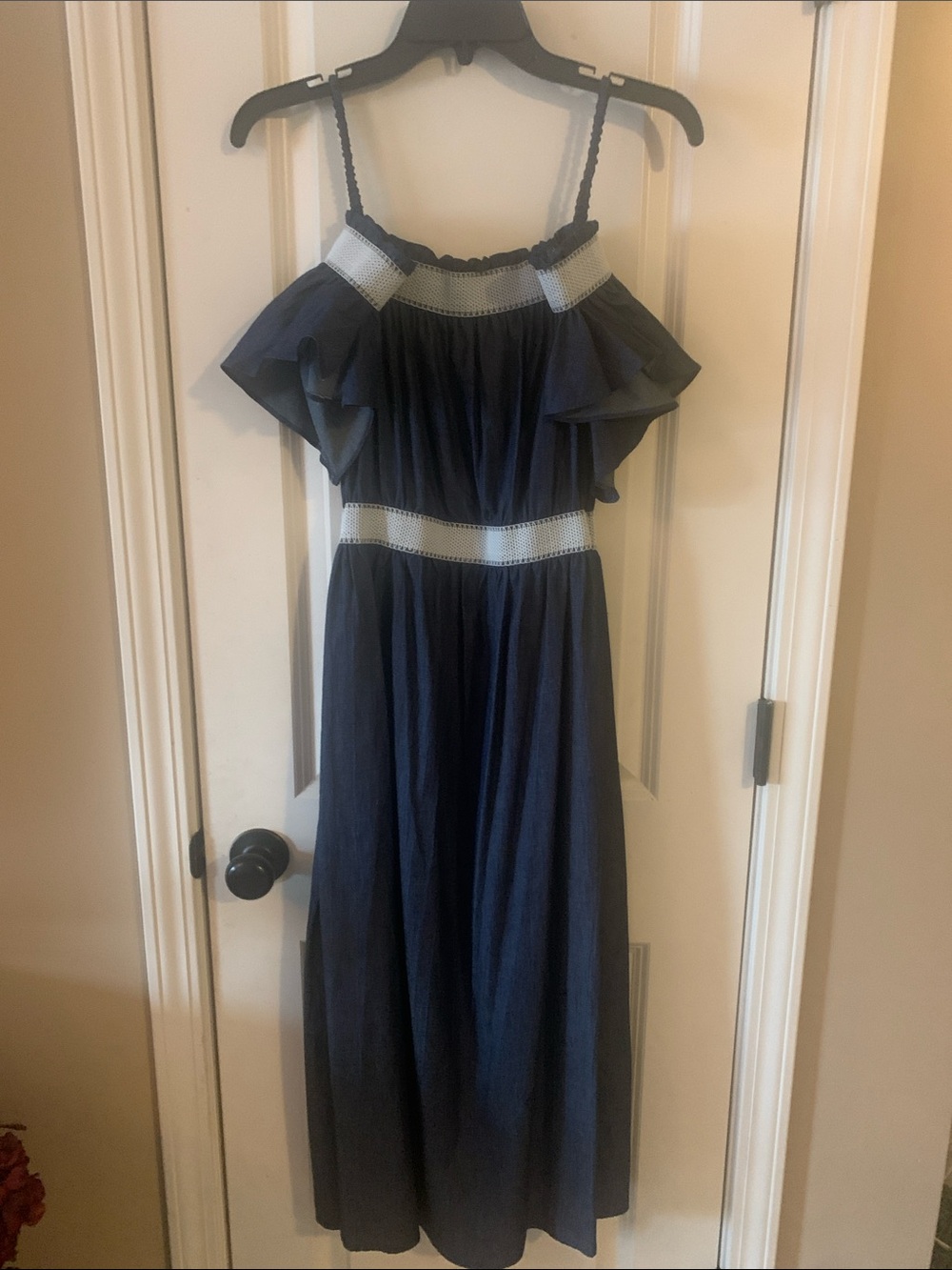 Violet Weekend Navy Elastic-Waist Dress with Lilac Trim